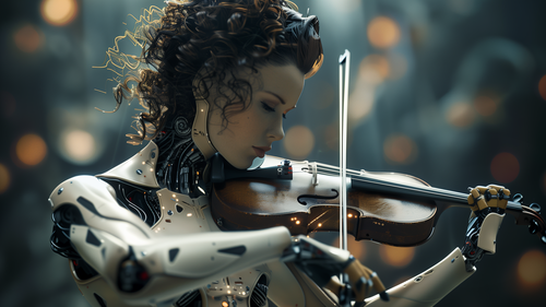 mneumann. A female humanoid robot with curly hair playing the v ff6b88b8 38f7 4ccf a180 95550f889071