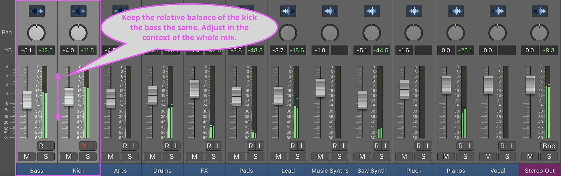 Adjusting the kick and bass